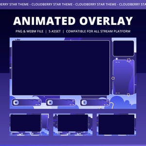 Może przedstawiać: Animowana nakładka w odcieniach niebieskiego i fioletu, z motywem gwiazdy cloudberry. Projekt zawiera wiele ramek i element&oacute;w dla platform streamingowych, z tekstem "ANIMATED OVERLAY" i szczeg&oacute;łami kompatybilności.