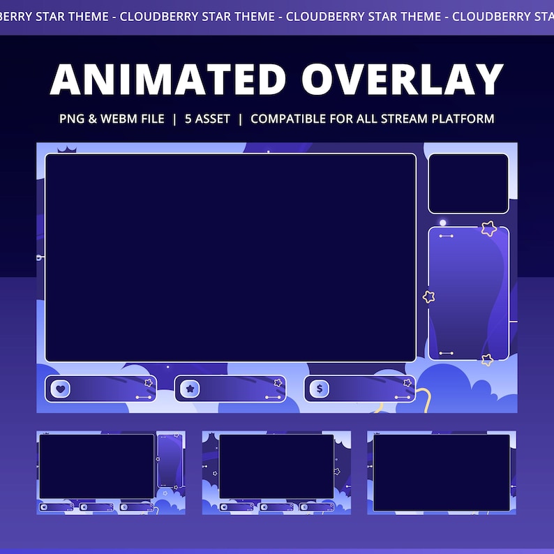 Może przedstawiać: Animowana nakładka w odcieniach niebieskiego i fioletu, z motywem gwiazdy cloudberry. Projekt zawiera wiele ramek i element&oacute;w dla platform streamingowych, z tekstem "ANIMATED OVERLAY" i szczeg&oacute;łami kompatybilności.