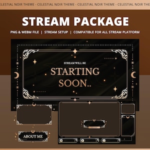 Pacote de animação Celestial Noir para Twitch e YouTube: Veludo Preto, Luas e Estrelas Douradas Celestiais, Luxo Místico e Amarelo Escuro Gótico.