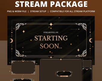 Pakiet animowanych streamów Celestial Noir na Twitch Youtube, Czarny Aksamit, Gwiazdy Celestial Golden Moons, Mistyczny Luksus, Ghotic Dark Yellow