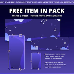 Może przedstawiać: Pakiet projekt&oacute;w cyfrowych z motywem gwiezdnej nocy. Projekt zawiera ekran telefonu, baner i nakładkę czatu, wszystko w odcieniach fioletu i niebieskiego. Tekst "FREE ITEM IN PACK" jest wyświetlany u g&oacute;ry.