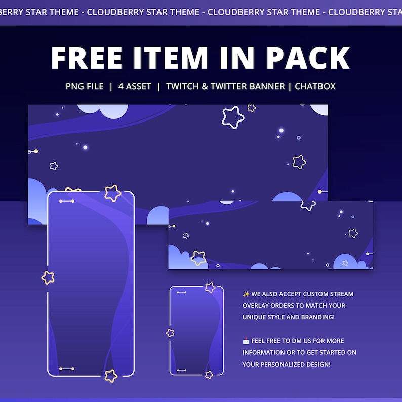 Może przedstawiać: Pakiet projekt&oacute;w cyfrowych z motywem gwiezdnej nocy. Projekt zawiera ekran telefonu, baner i nakładkę czatu, wszystko w odcieniach fioletu i niebieskiego. Tekst "FREE ITEM IN PACK" jest wyświetlany u g&oacute;ry.