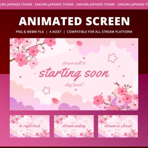Peut inclure: Écran animé sur le thème Sakura japonais. L'écran principal affiche "starting soon" avec des fleurs de cerisier roses et des nuages. Les écrans supplémentaires indiquent "be right back", "stream ending" et "stream is closed".
