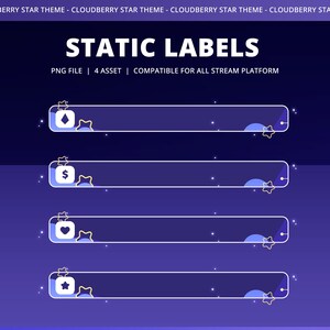 Może przedstawiać: Grafika cyfrowa z tekstem "STATIC LABELS" i opisem "PNG FILE | 4 ASSET | COMPATIBLE FOR ALL STREAM PLATFORM". Obraz zawiera cztery poziome paski z ikonami gwiazd i klejnot&oacute;w na ciemnoniebieskim tle.