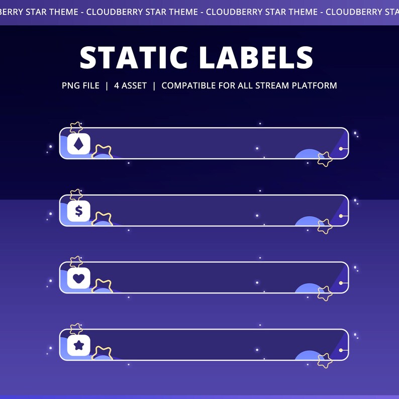 Może przedstawiać: Grafika cyfrowa z tekstem "STATIC LABELS" i opisem "PNG FILE | 4 ASSET | COMPATIBLE FOR ALL STREAM PLATFORM". Obraz zawiera cztery poziome paski z ikonami gwiazd i klejnot&oacute;w na ciemnoniebieskim tle.
