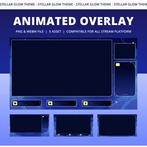 Pu&ograve; includere: Design di overlay animato con un tema notturno stellato blu scuro. Il design include pi&ugrave; cornici rettangolari e quadrate, con il testo "ANIMATED OVERLAY" e "PNG & WEBM FILE | 5 ASSET | COMPATIBILE PER TUTTE LE PIATTAFORME".