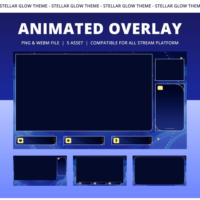 Pu&ograve; includere: Design di overlay animato con un tema notturno stellato blu scuro. Il design include pi&ugrave; cornici rettangolari e quadrate, con il testo "ANIMATED OVERLAY" e "PNG & WEBM FILE | 5 ASSET | COMPATIBILE PER TUTTE LE PIATTAFORME".
