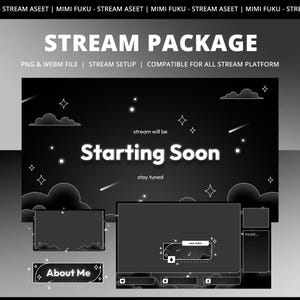 Op de afbeelding: Een zwart-wit digitaal ontwerp voor een stream-pakket. Het ontwerp bevat de tekst "STREAM PACKAGE" en "Starting Soon". Extra elementen zijn sterren, wolken en interactieve elementen voor streaming platforms. Compatibel met alle platforms.