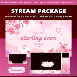 Puede incluir: Un paquete de transmisión digital con un tema japonés Sakura. El diseño presenta flores de cerezo rosas, nubes y el texto "STREAM PACKAGE". Incluye superposiciones, una pantalla de "starting soon" y una sección de "commands", compatible con plataformas de transmisión.