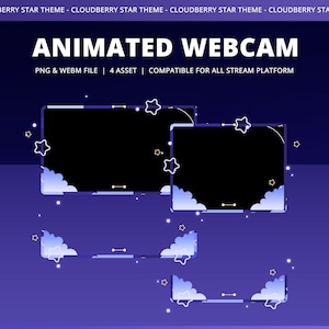 Może przedstawiać: Animowana nakładka na kamerę internetową z motywem gwiezdnej nocy. Projekt zawiera ciemnoniebieskie tło z białymi gwiazdami i akcentami w kształcie chmur. Tekst "ANIMATED WEBCAM" jest wyświetlany w widocznym miejscu, wraz ze szczeg&oacute;łami dotyczącymi typu pliku i kompatybilności.