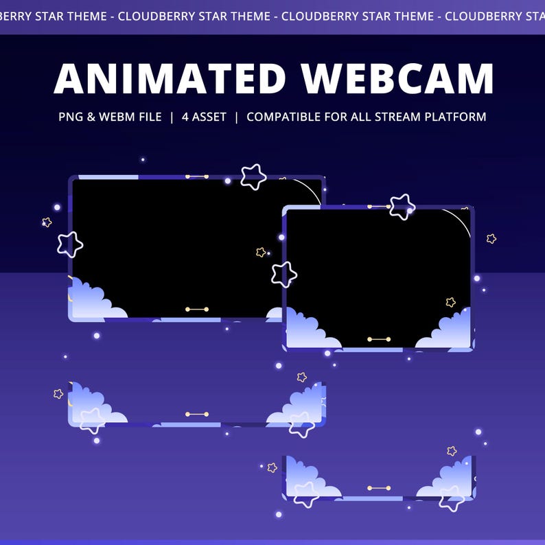 Może przedstawiać: Animowana nakładka na kamerę internetową z motywem gwiezdnej nocy. Projekt zawiera ciemnoniebieskie tło z białymi gwiazdami i akcentami w kształcie chmur. Tekst "ANIMATED WEBCAM" jest wyświetlany w widocznym miejscu, wraz ze szczeg&oacute;łami dotyczącymi typu pliku i kompatybilności.