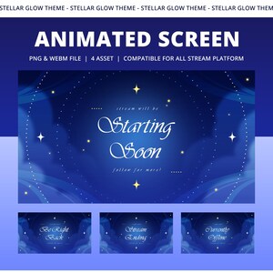 Pu&ograve; includere: Schermo animato a tema notte stellata. Lo schermo principale recita "Starting Soon" in elegante scrittura. Include file PNG e WEBM, 4 risorse ed &egrave; compatibile con tutte le piattaforme di streaming. Schermi aggiuntivi: "Be Right Back", "Stream Ending" e "Currently Offline".