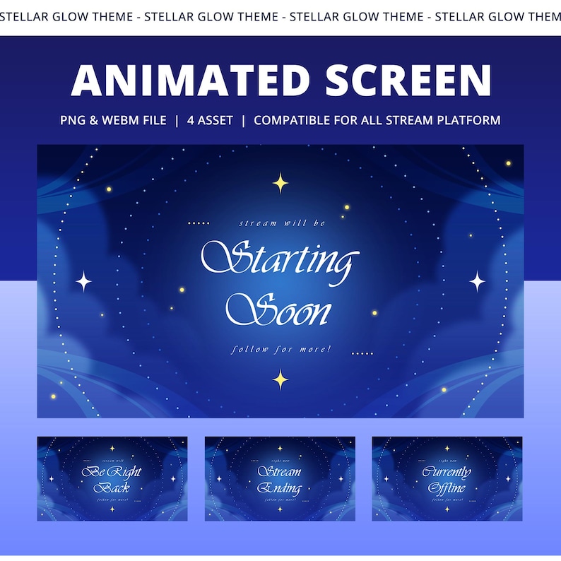 Pu&ograve; includere: Schermo animato a tema notte stellata. Lo schermo principale recita "Starting Soon" in elegante scrittura. Include file PNG e WEBM, 4 risorse ed &egrave; compatibile con tutte le piattaforme di streaming. Schermi aggiuntivi: "Be Right Back", "Stream Ending" e "Currently Offline".