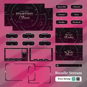 May include: A digital streaming overlay bundle featuring dark purple backgrounds with celestial motifs, stars, and clouds. Includes screens for Starting Soon, Stream Ending, Be Right Back, various notification boxes, chat frames, and buttons labelled About Me, Discord, Contact, Dono, Credits, and Facebook.