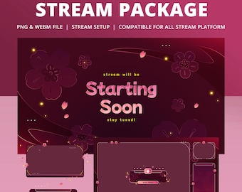 Pakiet animowanej nakładki na strumień Cherry Bloom dla Twitch Kick YouTube – elegancka, ciemna, kwiatowa estetyka z unoszącymi się płatkami i delikatnym blaskiem Sakury