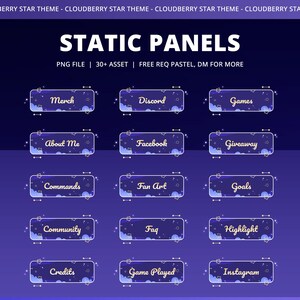 Może przedstawiać: Zestaw paneli statycznych z motywem gwiazdy cloudberry. Każdy panel ma prostokątny kształt z zaokrąglonymi rogami, wyświetlający tekst taki jak "Merch", "Discord" i "Games". Panele są umieszczone na ciemnoniebieskim tle z wzorem gwiazd.