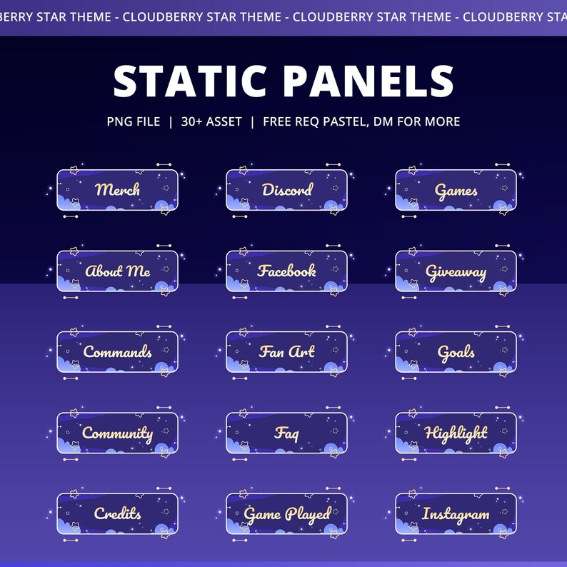 Może przedstawiać: Zestaw paneli statycznych z motywem gwiazdy cloudberry. Każdy panel ma prostokątny kształt z zaokrąglonymi rogami, wyświetlający tekst taki jak "Merch", "Discord" i "Games". Panele są umieszczone na ciemnoniebieskim tle z wzorem gwiazd.