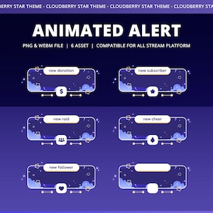 Puede incluir: Gráficos de alerta animados con un tema de estrella de cloudberry. El diseño incluye seis activos compatibles con todas las plataformas de transmisión. Cada gráfico presenta un icono y texto únicos para alertas.