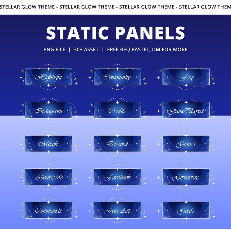 Pu&ograve; includere: Grafica digitale con dodici pannelli blu con testo bianco e dettagli di stelle dorate. I pannelli, etichettati con termini come "Highlight", "Community" e "Instagram", sono su uno sfondo sfumato blu scuro e chiaro.