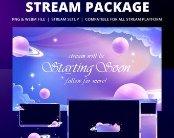 Pakiet animowanego strumienia fioletowej galaktyki, Twitch, Kick, YouTube (PNG i WebM) Jasny pastelowy marzycielski kosmos planety chmury gwiazdy kosmiczna estetyka