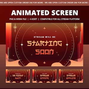 May include: A digital animated screen set for streaming platforms featuring a deep red gradient background with circular geometric patterns, hanging lantern icons, and stylised text that reads STREAM WILL BE STARTING SOON, BE RIGHT BACK, STREAM ENDING, and STREAM OFFLINE.
