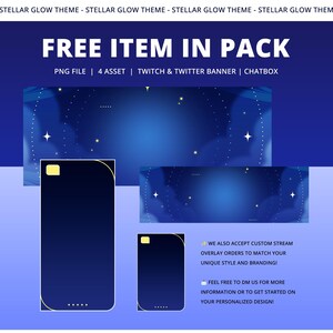 Pu&ograve; includere: Un pacchetto di design digitale a tema notte stellata. L'immagine presenta un banner, una chatbox e due grafiche a forma di telefono in tonalit&agrave; blu e oro. Il testo include "FREE ITEM IN PACK" e "PNG FILE | 4 ASSET | TWITCH & TWITTER BANNER | CHATBOX."
