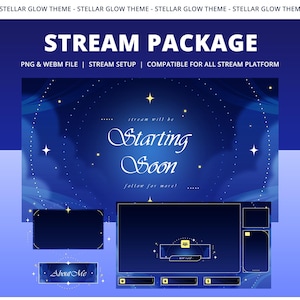 Pu&ograve; includere: Un pacchetto di streaming digitale con un tema celeste blu e oro. Il pacchetto include una schermata "Starting Soon", elementi di sovrapposizione e una sezione "About Me". Il testo include "STREAM PACKAGE" e "PNG & WEBM FILE | STREAM SETUP | COMPATIBLE FOR ALL STREAM PLATFORM."
