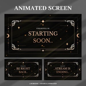 Op de afbeelding: Een set van drie zwarte digitale streamingschermen met goudkleurige hemelse randen met sterren en maansikkels. De tekst luidt: STREAM WILL BE STARTING SOON, STREAM WILL BE RIGHT BACK en RIGHT NOW STREAM IS ENDING. 5 SCREENS | STATIC & ANIMATED.