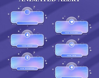 May include: A set of six rectangular digital alert overlays with a soft purple and blue gradient background, featuring white star accents, rounded corners, and circular icons. Text labels include new follower, new cheer, new raid, and new subscriber.