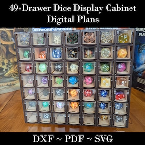 May include: A wooden cabinet with 49 clear plastic drawers for storing dice. The drawers are arranged in a 7x7 grid and are labeled with numbers. The cabinet is made of dark wood and has a black base. The cabinet is filled with colorful dice.