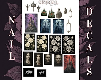 May include: A sheet of nail decals with gothic and romantic designs. The designs include castles, roses, portraits, and crosses. The text "CRYSTAL NAIL ART by Cooper" is at the top. The word "NAIL" is on the left and "DECALS" is on the right.