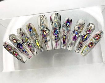 Uñas postizas de cristal multicolor de lujo - Hechas a pedido / Incluye kit de ajuste de tamaño + caja de regalo / Envío gratuito
