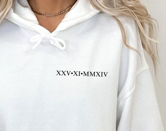 Roman Numeral Custom  Hoodie, Personalised Couples Matching Gift for Her Him, Sleeve Initial Hoodie for Engagements and Anniversaries