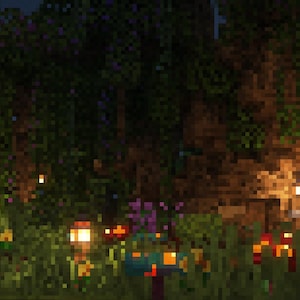 May include: Pixelated image of a lush garden at dusk. The scene features a variety of colorful flowers, green foliage, and warm, glowing lanterns. The pixelated style gives the image a unique, digital art aesthetic.