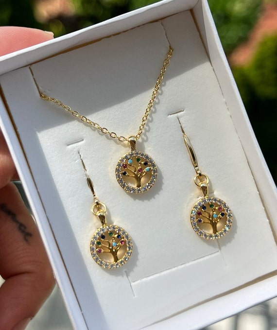 Parure Collier Arbre De Vie & Boucles D'oreilles - Doré, Acier Inoxydable, Neuf Avec étiquettes