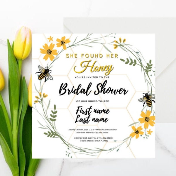 Bridal Shower Invite Template Card | She Found Her Honey | Oh Honey Bee Yellow Floral Invitation | Printable, Editable, Customizable