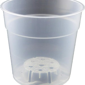 May include: Clear plastic plant pot with drainage holes in the bottom. The pot is designed for growing plants.