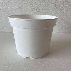 Op de afbeelding: Een witte plastic plantenpot met een afgeronde bodem en een licht uitlopende rand. De pot heeft een gladde, matte afwerking.