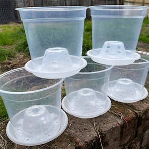 May include: A set of four clear plastic plant pots, each featuring a raised central drainage cone and an integrated matching saucer base. The pots have a wide rim and a transparent body, designed for visibility of the root system.