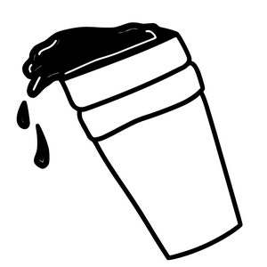 May include: A black and white line drawing of a disposable cup with a liquid spilling out of it.