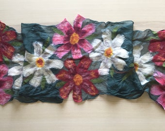 Felted wool scarf - flowers on green silk