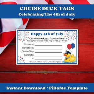 Cruise Duck Tags, bearbeitbare Cruise Duck Labels, die den 4. Juli feiern, Fill-In Cruise Duck Tags, druckbare Gummienten Tags