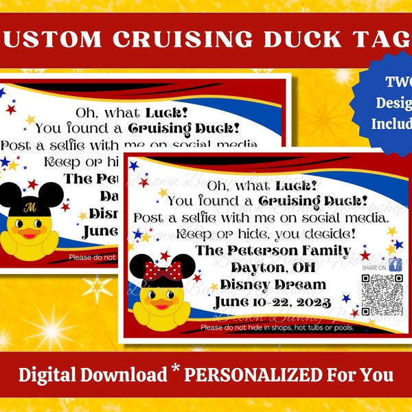 Custom Cruising Duck Tags, Mouse Ears Themed Duck Tags Personalized Just For You