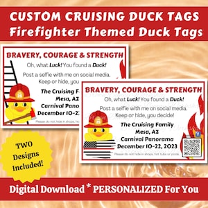 Custom Cruising Duck Tags, Set of Two Firefighter Themed Duck Tags Personalized Just For You