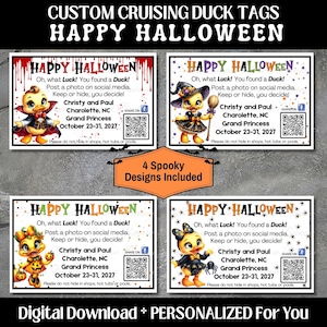 Puede incluir: Cuatro etiquetas de pato con temática de Halloween con el texto "Happy Halloween". Cada etiqueta presenta un pato de dibujos animados disfrazado, con el texto "Oh, what Luck! You found a Duck!" y detalles de personalización.