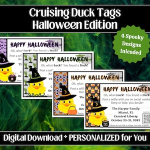 Puede incluir: Cuatro diseños de etiquetas de pato de Halloween imprimibles con un pato bruja con un caldero y una calabaza. Las etiquetas dicen "¡Feliz Halloween! ¡Oh, qué suerte! ¡Encontraste un pato!" e incluyen un código QR y el texto "The Harper Family, Miami, FL, Carnival Liberty, October 25-31, 2023".