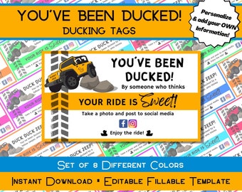 You’ve Been Ducked Printable Ducking Tags, Duck Duck Tags, Your Ride is Sweet, Editable Fillable Template, Two-Sided Option