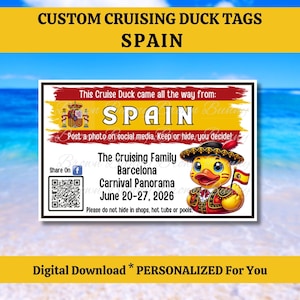 Tags cruise-eend, zeilen vanuit Spanje, aangepaste Spaanse tags cruise-eend, speciaal voor jou gepersonaliseerd