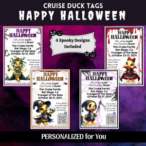 Médailles d'Halloween en forme de canard, 4 modèles - Chauves-souris, araignées, sorcières, serpents Étiquettes de croisière imprimables personnalisées juste pour vous