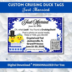 Tagi na rejsy Just Married Cruising Duck, spersonalizowane etykiety na rejsy poślubne Duck, niebiesko-biały wzór Chinoiserie